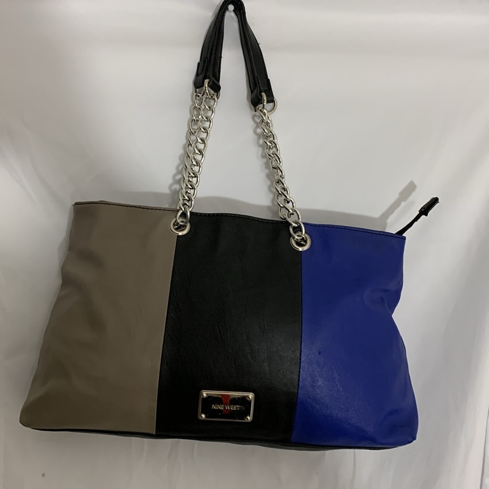 Nine West Blue, Beige and Black tote/bag with silver chain.